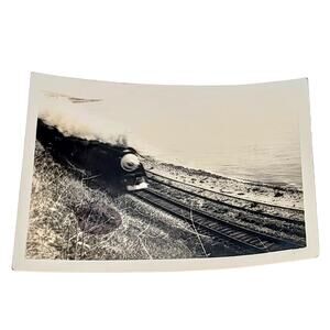 Vtg 1940s B&W Photo Steam Locomotive Next to Ocean Steam Coming Out Train Travel